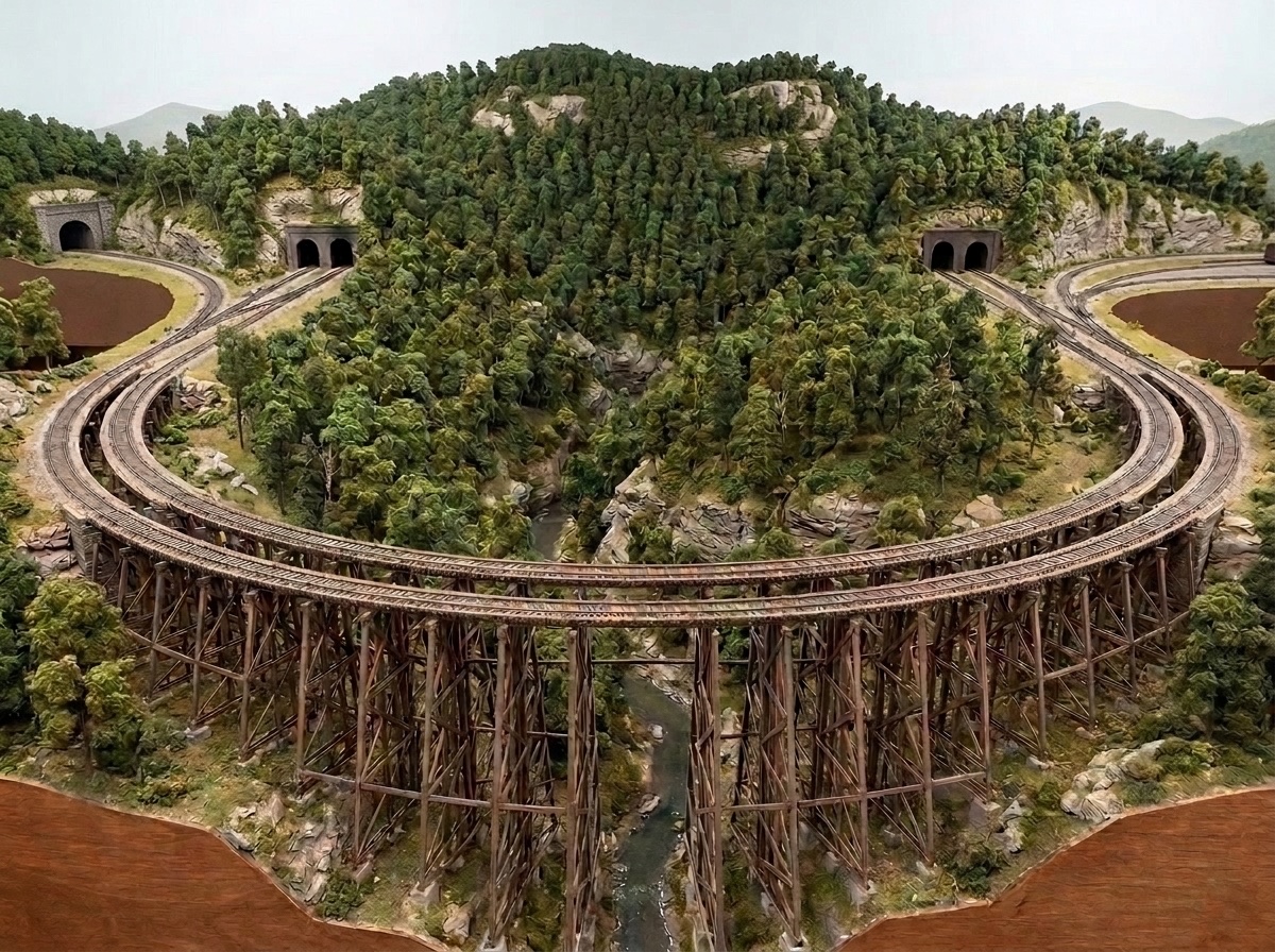 A trestle over a gorge on a finished model railroad, rendered by Dream Division from a user's track plan